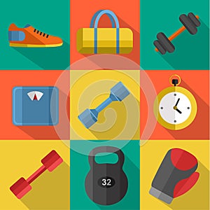 Gym sports equipment icons set.