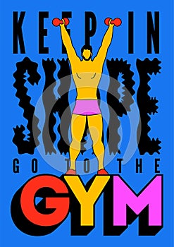 Gym typographic vintage motivational poster design with cartoon strong man. Vector illustration.