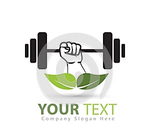 Gym weightlifting and fitness logo with green leaf vector logo, retro stylized vector logo