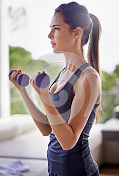 Gym, woman and dumbbells for fitness, wellness and training for workout indoors in house, home and apartment. Female