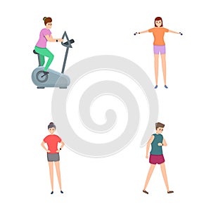 Gym workout icons set cartoon vector. People doing physical exercise