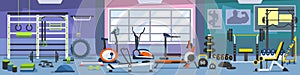 Gym zoning concept. Gym of fitness center interior design in cartoon style with crossfit equipment and Elliptical Machine Cross photo