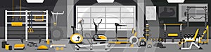 Gym zoning concept. Gym of fitness center interior design in cartoon style with crossfit, weights equipment and Elliptical Machine photo