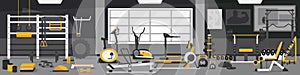 Gym zoning concept. Gym of fitness center interior design in cartoon style with crossfit, weights equipment and Elliptical Machine