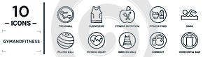 gymandfitness linear icon set. includes thin line treadmill, fitness nutrition, swim, fitness heart, workout, horizontal bar,