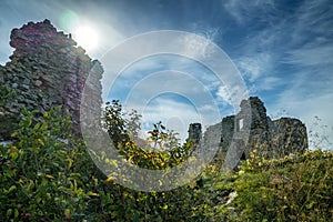 Gymes castle ruins from the grass view