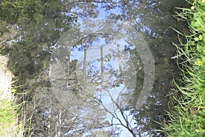 Gymkhana reflected in the water and some trees photo