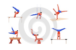A gymnast with an athletic physique performs an artistic gymnastic programme on variable apparatuses.