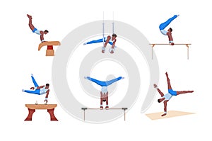 A gymnast with an athletic physique performs an artistic gymnastic programme on variable apparatuses.