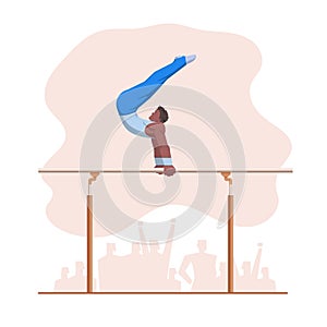 A gymnast with an athletic physique performs a vault, athlete springs onto a vault with his hands.