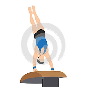 A gymnast with an athletic physique performs a vault, athlete springs onto a vault with his hands. Vector flat design illustration