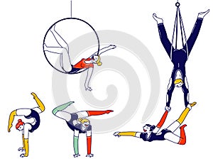 Gymnast Characters Performing Rhythmic Gymnastics Elements with Hoop and Aerial Silks