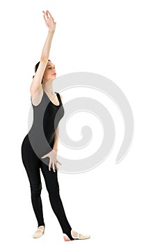 Gymnast girl in sport outfit raising her hand