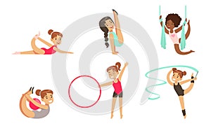 Gymnast Girls Performing Rhythmic Gymnastics Elements with Ball, Ribbon, Hoop, Aerial Silks Vector Illustration