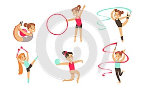 Gymnast Girls Performing Rhythmic Gymnastics Elements with Ball, Ribbon, Hoop Vector Illustration