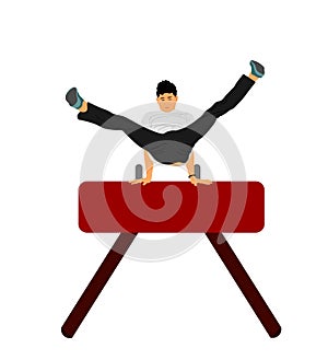 Gymnast on pommel horse vector illustration isolated on white background. Sport man artistic gymnastic performer. Athlete on gym.