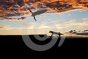 Gymnast on trampoline in sunset