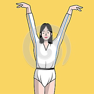 Gymnast woman with arms up and yellow background
