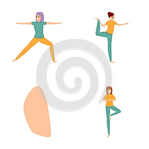 Gymnast woman icons set cartoon vector. Girl doing sport exercise