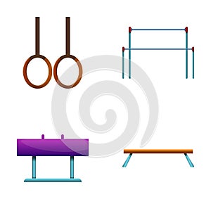 Gymnastic equipment icons set cartoon . Rings pommel horse horizontal bar