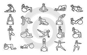 Gymnastic for pregnant icon set. Set of 20 Yoga poses for Pregnant women. Prenatal exercise. Fitness healthy lifestyle.