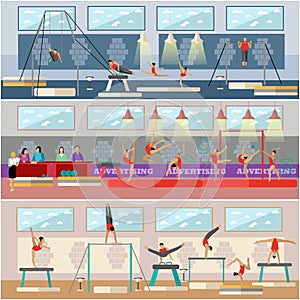 Gymnastic sport competition arena interior vector illustration. Sportsman flat icons. Artistic and rhythmic gymnast