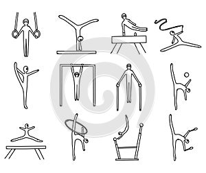 Gymnastics Doodle vector icon set. Drawing sketch illustration hand drawn line eps10