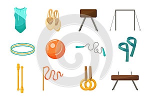 Gymnastics equipment icons set cartoon vector. Gym practice