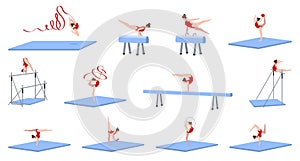 Gymnastics equipment icons set cartoon vector. Gym practice