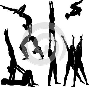 Gymnasts acrobats vector black silhouette
