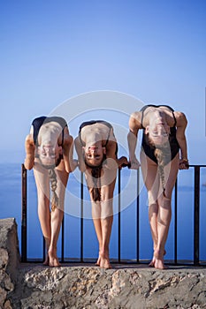 Gymnasts, dancers outdoors stretching