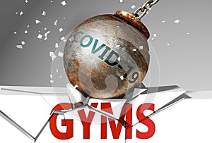 Gyms and coronavirus, symbolized by the virus destroying word Gyms to picture that covid-19  affects Gyms and leads to a crash and