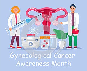 Gynecologic cancer awareness month concept vector for medical websites, app. Tiny doctor examines uterus and treat