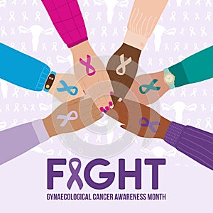 Gynecological Cancer Awareness Month illustration. Main types of cancer cervical, ovarian, uterine, vaginal and vulvar. Teal, photo