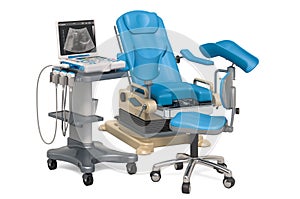 Gynecological examination chair with portable medical ultrasound diagnostic machine, scanner. 3D rendering