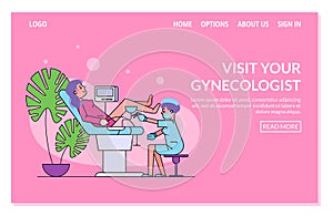 Gynecological examination line art vector illustration for website template.