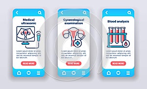Gynecological examination on mobile app onboarding screens.