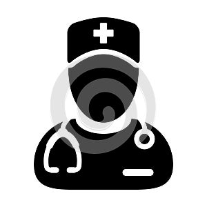 Gynecologist icon vector male person profile avatar with a stethoscope for medical doctor consultation in Glyph Pictogram