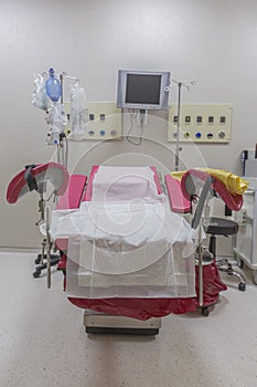 Gynecology in the clinic gynecology room, interior of the genicology clinic. Maternity chair in the surgical obstetric ward. Chair