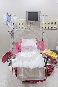 Gynecology in the clinic gynecology room, interior of the genicology clinic. Maternity chair in the surgical obstetric ward. Chair