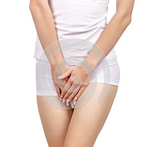 Gynecology concept. Young woman suffering from pain menstruation photo