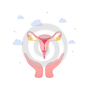 Gynecology and female reproductive system concept. Vector flat medical illustration. Human hand holding uterus isolatedd on white