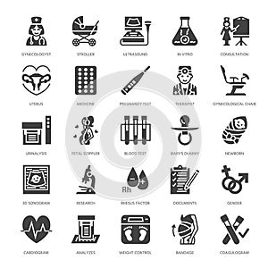 Gynecology, obstetrics vector flat glyph icons. Pregnancy medical elements - baby ultrasound, in vitro fertilization