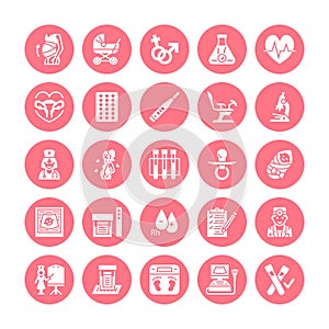 Gynecology, obstetrics vector flat glyph icons. Pregnancy medical elements - baby ultrasound, in vitro fertilization