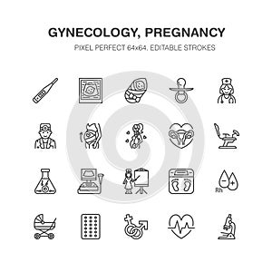 Gynecology, obstetrics vector flat line icons. Pregnancy medical elements - baby ultrasound, in vitro fertilization photo