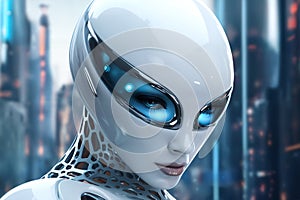 gynoid, a humanoid female android hybrid robot with a female face in a plastic helmet on the background of a futuristic city