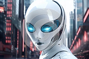 gynoid, a humanoid female android hybrid robot with a female face in a plastic helmet on the background of a futuristic city