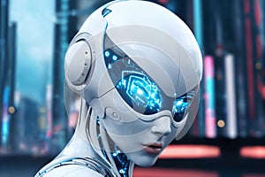 gynoid, a humanoid female android hybrid robot with a female face in a plastic helmet on the background of a futuristic city