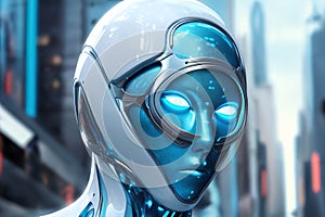 gynoid, a humanoid female android hybrid robot with a female face in a plastic helmet on the background of a futuristic city