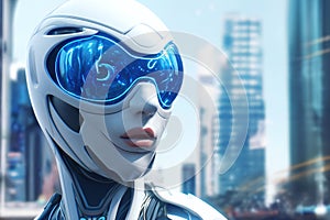 gynoid, a humanoid female android hybrid robot with a female face in a plastic helmet on the background of a futuristic city